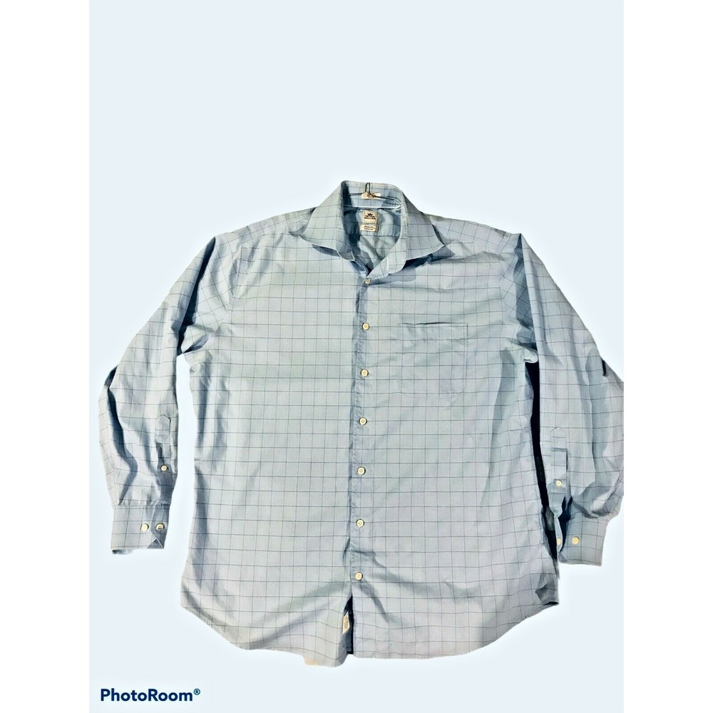 Peter Millar Button Down Shirt 17 Long Blue Excellent Nanoluxe Windowpane Check